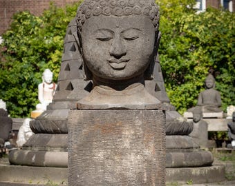 Old lava stone Buddha head on pedestal from Indonesia, Middle 20th century