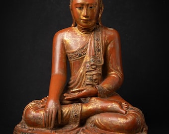 Antique wooden Burmese Mandalay Buddha statue from Burma, 19th century