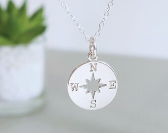 925 Sterling Silver Compass Necklace / Travelers Lovers Gift / Charm Pendant Jewellery / Personalised Gift for her Message / Going Away Gift