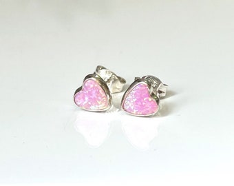 Pink Opal Heart Earrings / 925 Sterling Silver Stud Earrings / Everyday Minimalist Style / Gift for her, Friend, Girlfriend, Wife, Girl