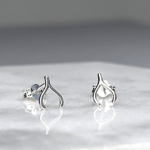 925 Sterling Silver Wishbone Stud Earrings / Lucky Good Luck Charm / Tiny Dainty Small Post / Personalised Gift for Her Wife Girlfriend image 1