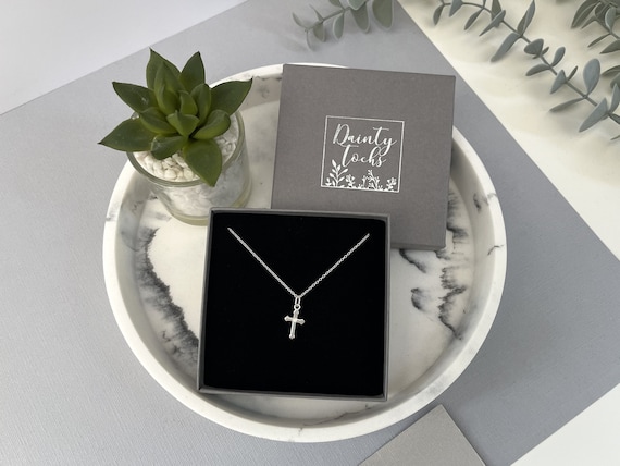 Silver Diamante Cross Charm Necklace 925 Sterling Pendant Personalised Gift for Her Tiny Small Religious Christian Communion Bridesmaid Etsy
