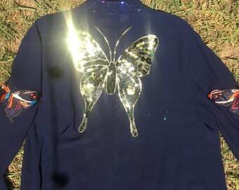 Large Sheer navy swim cover blouse with sequin butterflies