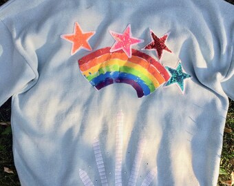 Blue cardigan, Pullover, Rainbow sweater, stars sweater, rainbow cardigan, sequin rainbow, unique Cardigan, Hipster cardigan, Rainbow stars