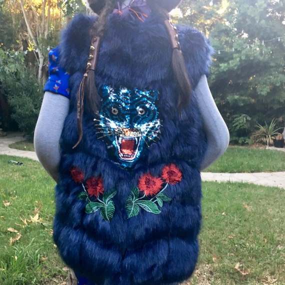Blue Faux Fur Vest Tiger Vest Designer 
