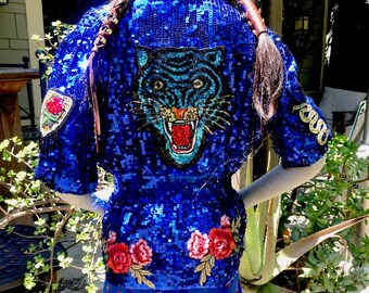 Blue sequin Tiger, Snake & Flowers top, Sexy top, Designer inspired top, sequin shirt, Tiger shirt, Tiger top, Fashion top, Unique Top