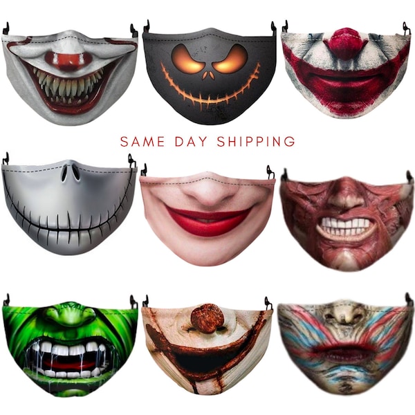Scary Face Mask Covering, 3D Printed, Horror, Scary Mouth, Reusable, Adult, Unisex, boy, Teenager, IT Clown