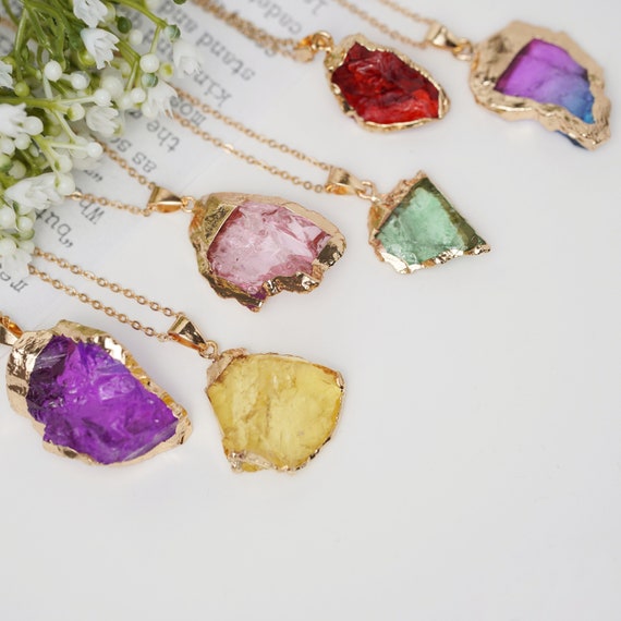 Raw Crystal Necklace Gold Dipped Pendant Crystal Gifts Rough