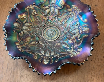 1212/2561 Northwood Wishbone Amethyst Carnival Glass Scroll Footed Bowl