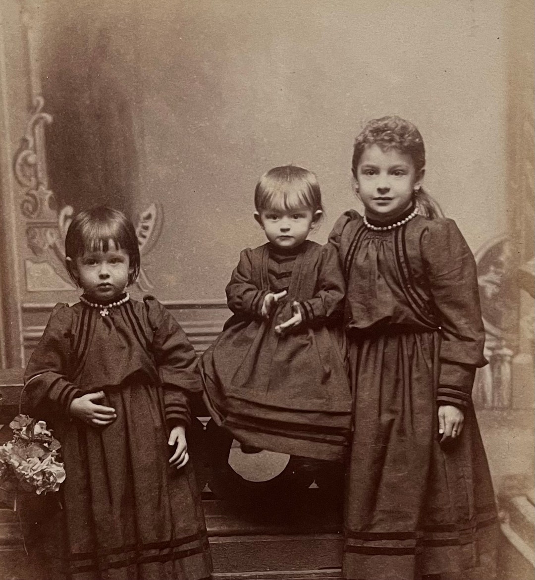 Vintage Card Photograph 3 Little Girls Sisters Pearls and Cross