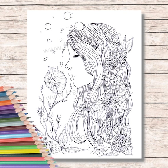 Pagine da colorare per adulti o bambini. Fata sirena con i fiori di colore  con matite o pennarelli. Digistamp. Download digitale. Stampabile -   Italia