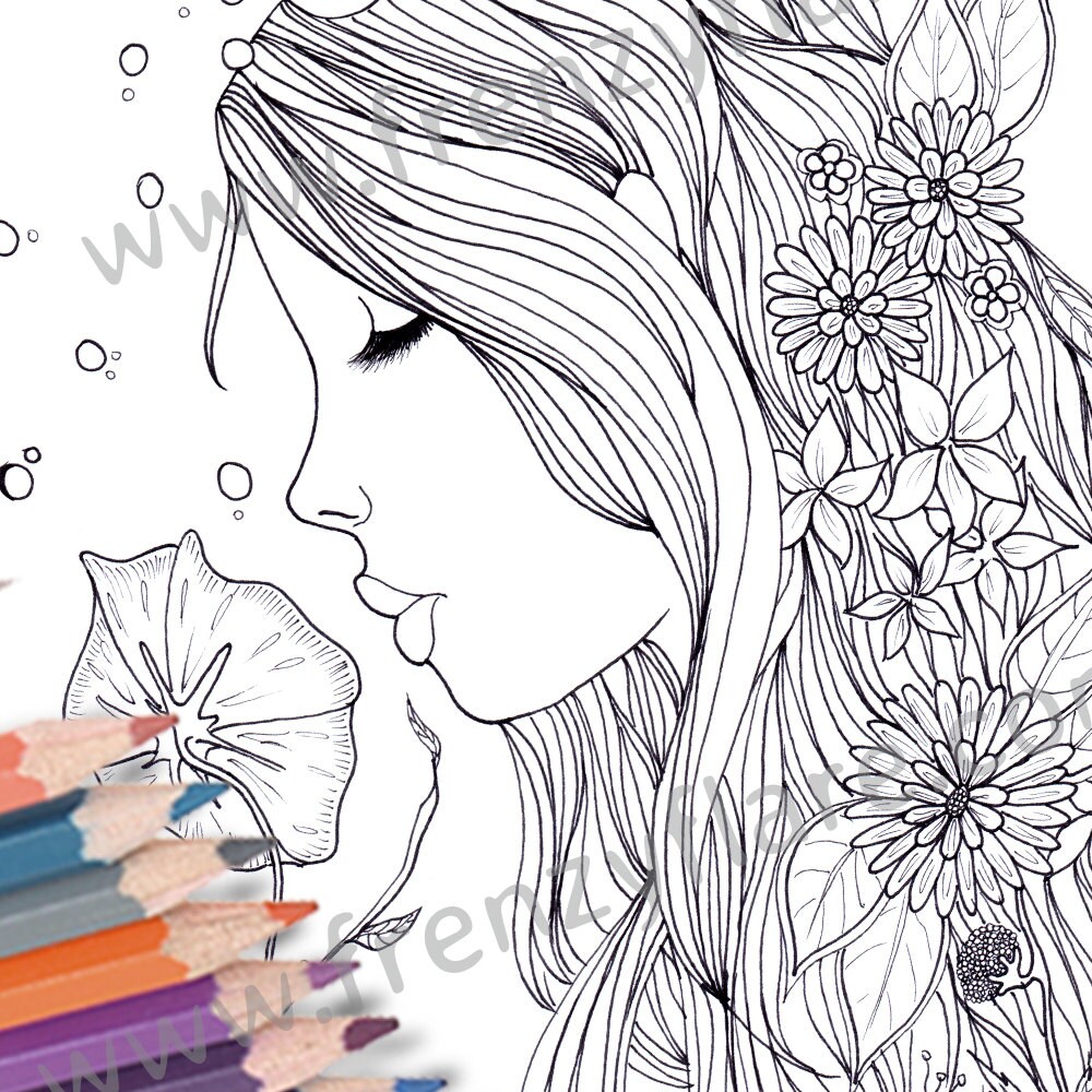 Stampa disegni da colorare per adulti o bambini. Bella ragazza con i fiori  selvaggi al colore con matite o pennarelli. Arte della parete della Boemia.  Doll Face -  Italia