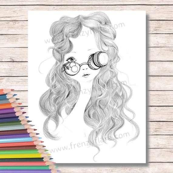 Printed Coloring Pages for Adults or Kids. Scientist Girl With Glasses.  Doll Face Drawing. Gifts for Her. Wall Art 