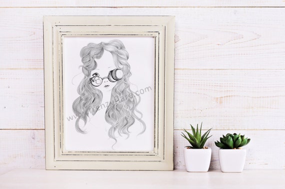 Printed Coloring Pages for Adults or Kids. Scientist Girl With Glasses.  Doll Face Drawing. Gifts for Her. Wall Art 