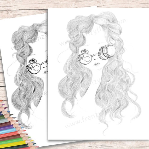 Printed Coloring Pages for Adults or Kids. Scientist Girl With Glasses.  Doll Face Drawing. Gifts for Her. Wall Art 