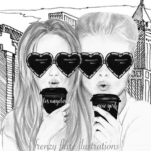FreundegebenGeschenk. Mode Ilustration als Grußkarte oder Wandkunst. Passen Sie den Namen auf Tassen an. City Girls mit Herz Sonnenbrille