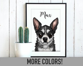 Chihuahua Print, Personalized Custom Name, Digital Illustration of Fawn, Black, White Dog, Original Art, 8x10 Matted Print