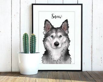 Husky Print, Custom Name, Digital Illustration Painting of Gray Husky, Original Art, 8x10 Matted Print