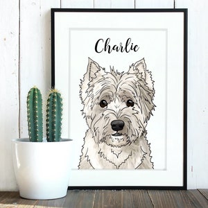 Westie Print, Personalized Custom Name, Digital Illustration of White Dog, Original Art, 8x10 Matted Print, West Highland White Terrier