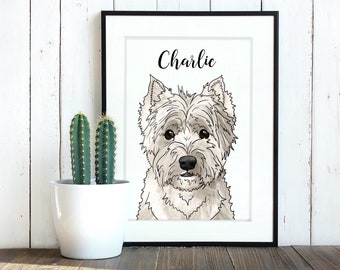 Westie Print, Personalized Custom Name, Digital Illustration of White Dog, Original Art, 8x10 Matted Print, West Highland White Terrier