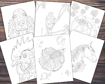 12 Printable Coloring Pages of Pets and Animals, Downloadable Images, Instant Download, For Kids and Adults