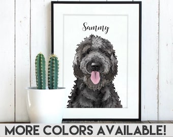 Doodle Drawing, Personalized Custom Name, Digital Watercolor Painting of Dog, Black, Golden, White Doodle, Original Art, 8"x10" Matted Print