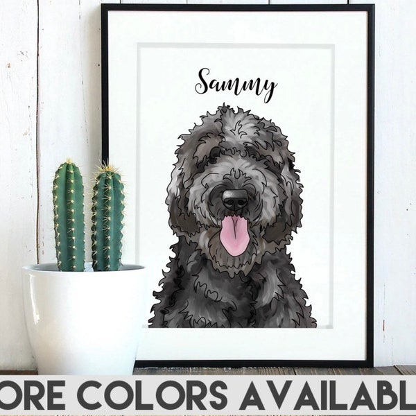 Doodle Drawing, Personalized Custom Name, Digital Watercolor Painting of Dog, Black, Golden, White Doodle, Original Art, 8"x10" Matted Print