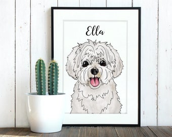 Maltese Print, Maltipoo, White Poodle Mix, Custom Name, Digital Illustration Of Small White Dog, Original Art, 8x10 Matted Print