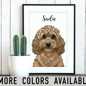 May include: A digital illustration of a brown and white dog with the name "Sadie" written above it. The dog is looking directly at the viewer. The illustration is framed in a black frame.