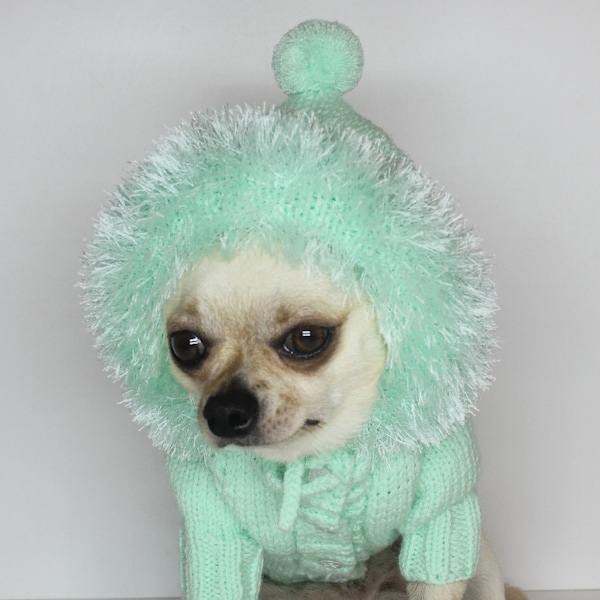 Cardigan for dogs mint color, Sweater for dog and cat,  Clothes for small dog, Warm dog coat with a hood