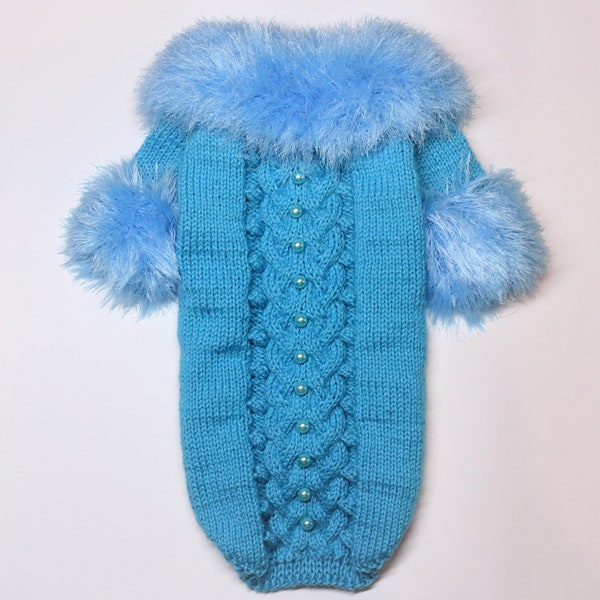 Turquoise sweater  for dog ,  Wool dog hoodie,  Fur coat for dog,