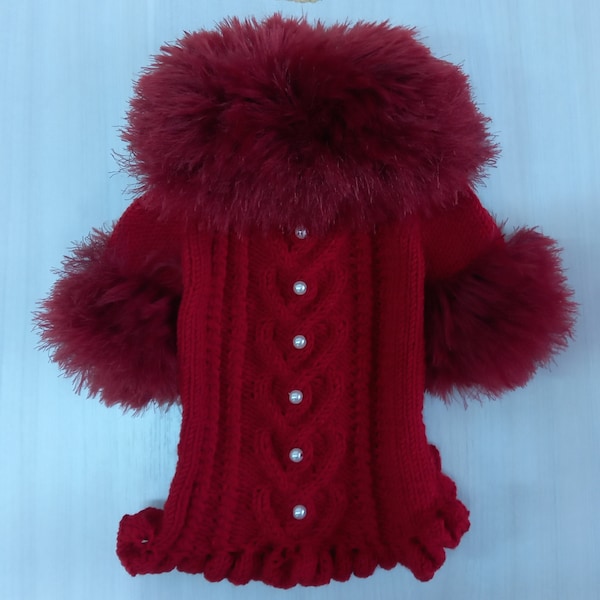 Dark red sweater with hearts for dogs, Dogs sweater for Valentine's Day, Cardigan for dogs