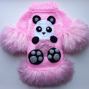 Dog Sweater with application Panda, Cardigan for dogs pink color, Sweater for dog and cat,  Clothes for small dog, Pink dog coat