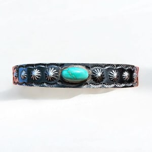 Vintage Fred Harvey Era Sterling Silver Turquoise Cuff Bracelet – Feather, Arrow & Concho Design