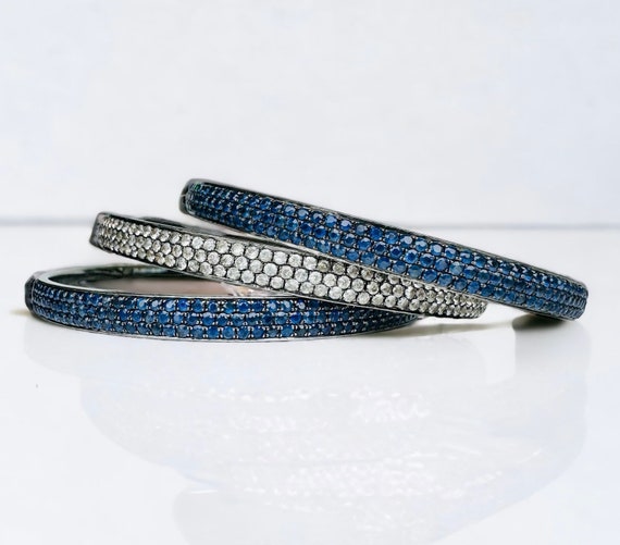 Pave Natural Blue and White Sapphire Bangle Brace… - image 1