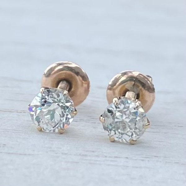 Victorian Old European Cut Diamond Stud Earrings 14k Yellow Gold Screw Backs for Pierced Ears