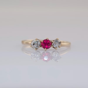 Victorian Old Cut Diamond and Ruby Three Stone Engagement or Anniversary Ring Band