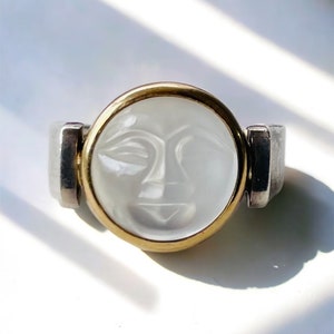 Vintage Man in the Moon 18k yellow gold and Sterling Silver Carved Ceylon Moonstone Bezel Ring