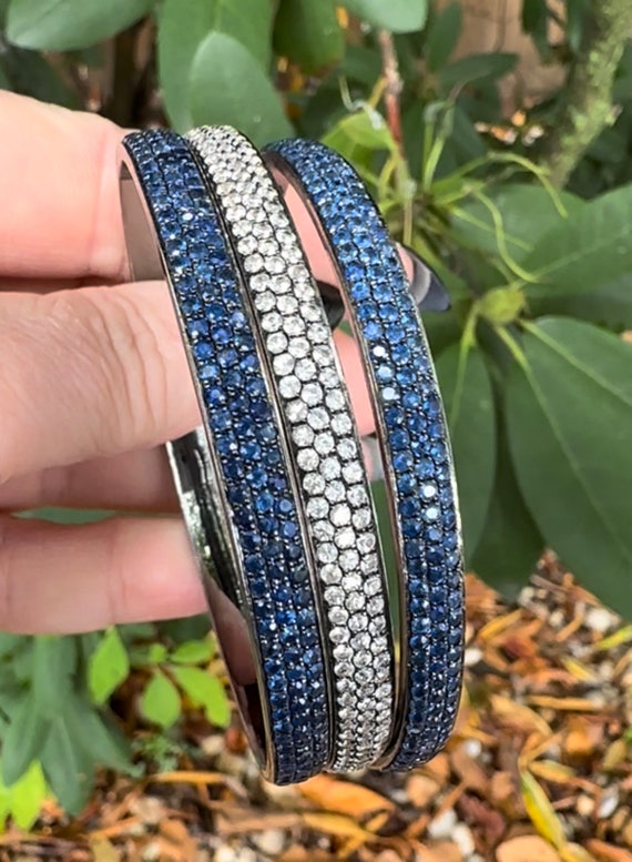 Pave Natural Blue and White Sapphire Bangle Brace… - image 2