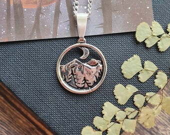 Mountain Moon Scene Charm Necklace | Travel Scenery Holiday Mountains Hiking Climbing Walking Gifts | Celestial Quirky Gothic Hippie Gyspy
