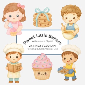 Sweet Little Bakers Clipart | Watercolor Baking Kids | Kawaii Chef & Bakery Illustrations | 24 PNG | 300 DPI | Commercial Use