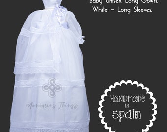 Ensembles faits main en organza blanc ou ivoire. Design traditionnel espagnol. Robe longue bébé unisexe. Baptême Baptême Baptême garçon fille