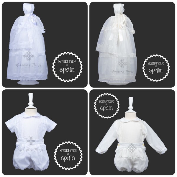 Outfits handmade in Organza white or Ivory. Traditional Spanish Design. Gowns Rompers Dresses Boy Outfits Shirts pants. Baby, boy & girls