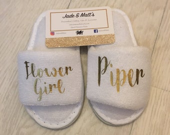 Gepersonaliseerde kinderslippers, bloemenmeisje, bruidsmeisje, bruiloft, bruid, wit, spa-slippers, bruidsmeisje, gepersonaliseerd, handdoek, baby, kinderen