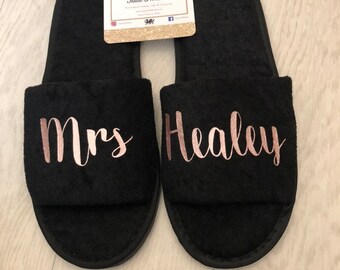 Bride Slippers, Personalised, Bridal, wedding, open toe, hen do, wedding party, bridesmaid, mother of the bride groom, spa, towelling