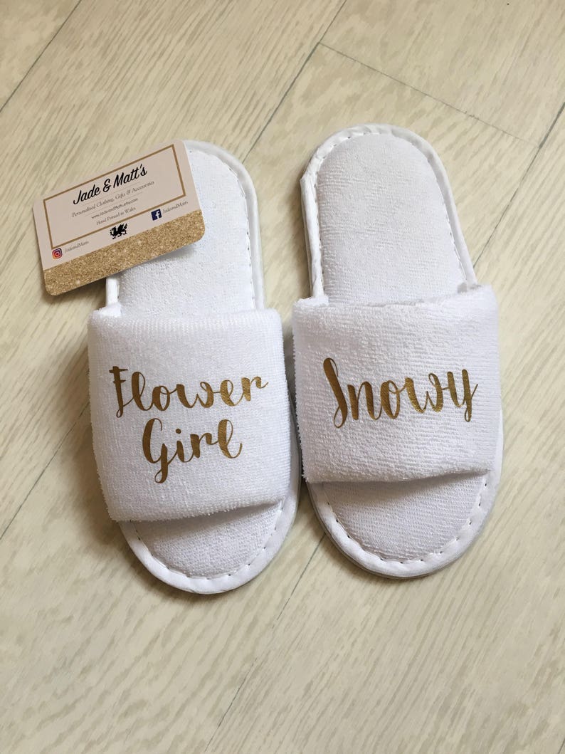 Children's Personalised Slippers, Flower girl, bridesmaid, Wedding, Bride, White, spa slippers, bridesmaid, personalized, towel, baby, kids image 4