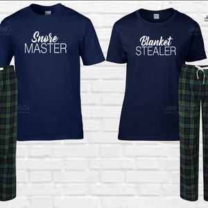 Snore Master, Blanket Stealer, His & Hers PJS, Matching Pjs, Tartan Pyjamas, gift, bride to be, couple PJ Set, couples set