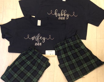 Wife and Hubby pjs, His and Hers, Navy pjs, Personalised, Tartan Pyjamas, gift, bride to be, couple PJ Set, couples set, matching pjs