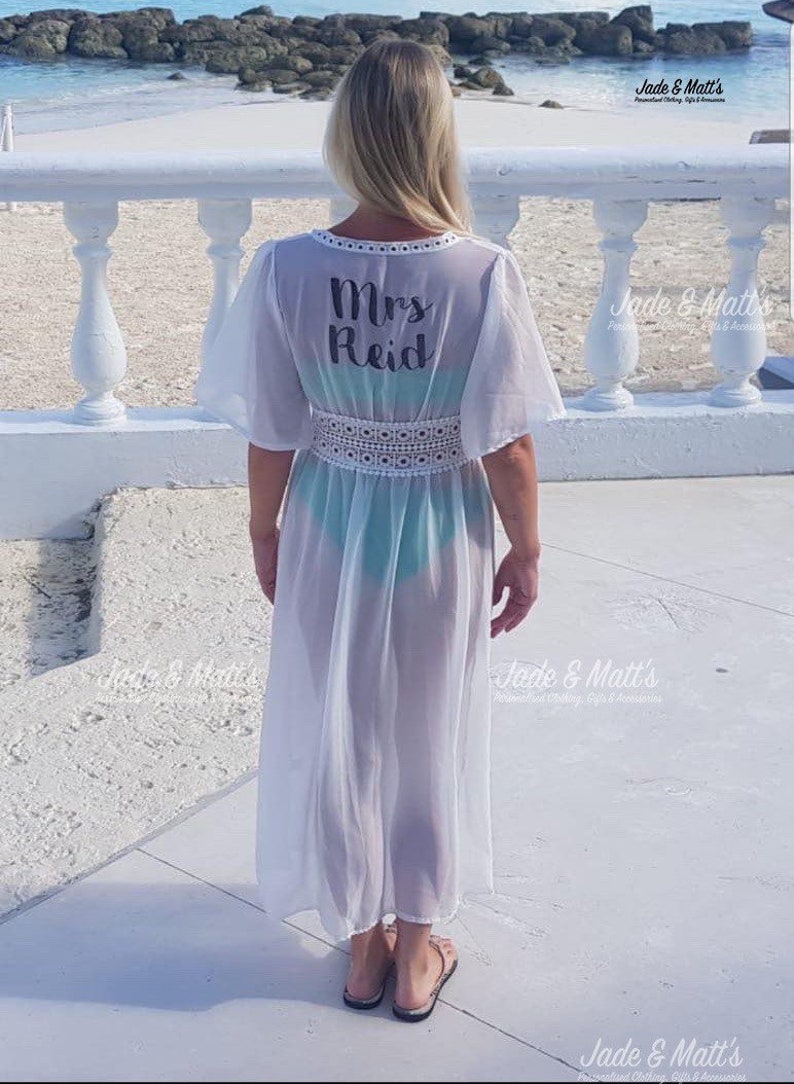 White Kaftan, personalised beach bride to be, bride, future mrs, swimwear, beachwear, bikini cover up, dress, maxi, cover up, wedding image 10