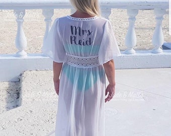 White Kaftan, personalised beach bride to be, bride, future mrs, swimwear, beachwear, bikini cover up, dress, maxi, cover up, wedding